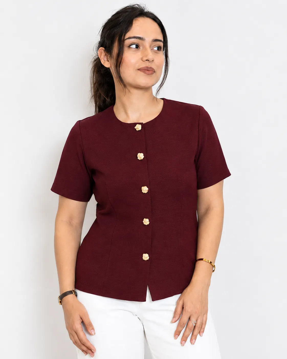 Maroon Half Sleeves Top with Gold Buttons