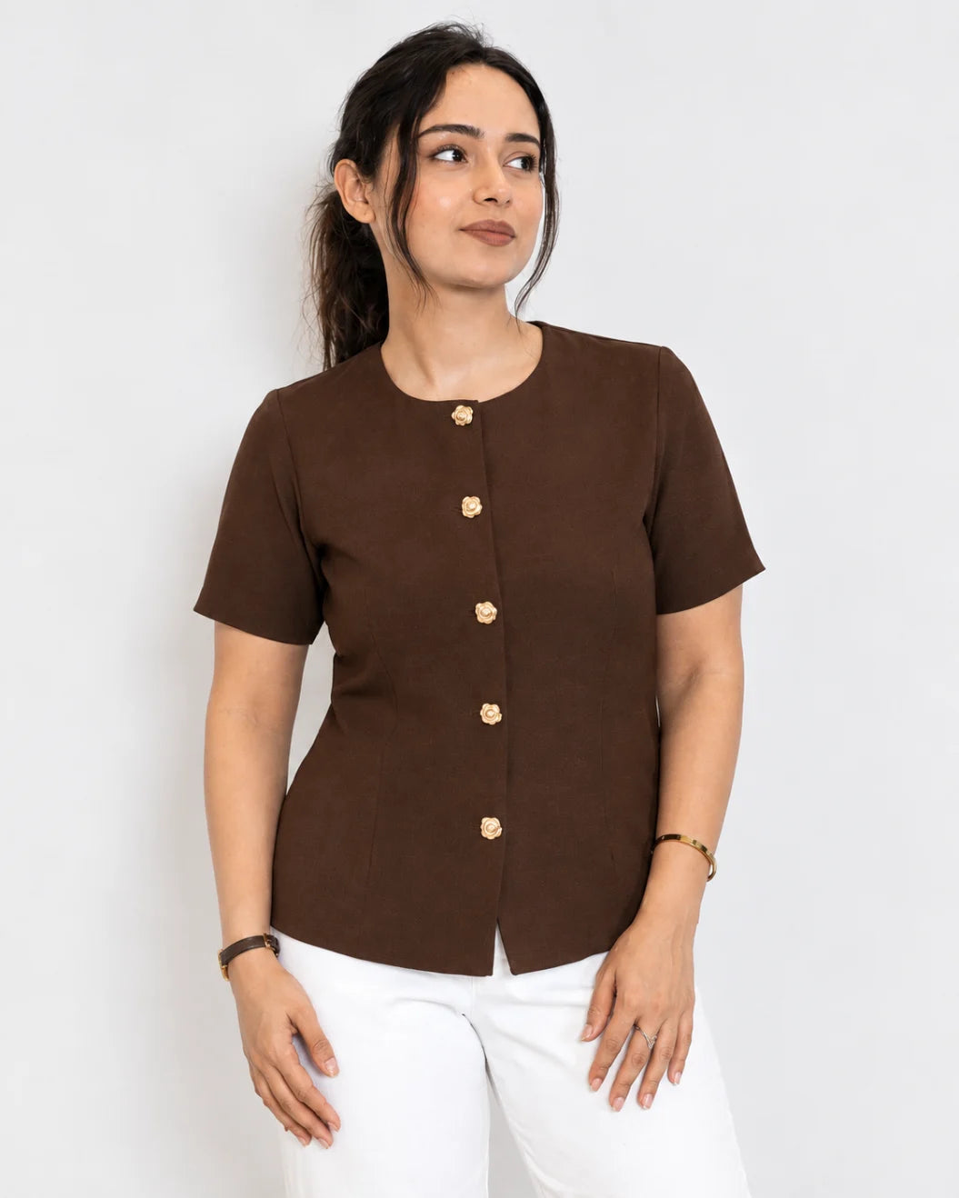 Brown Half Sleeves Top with Gold Buttons