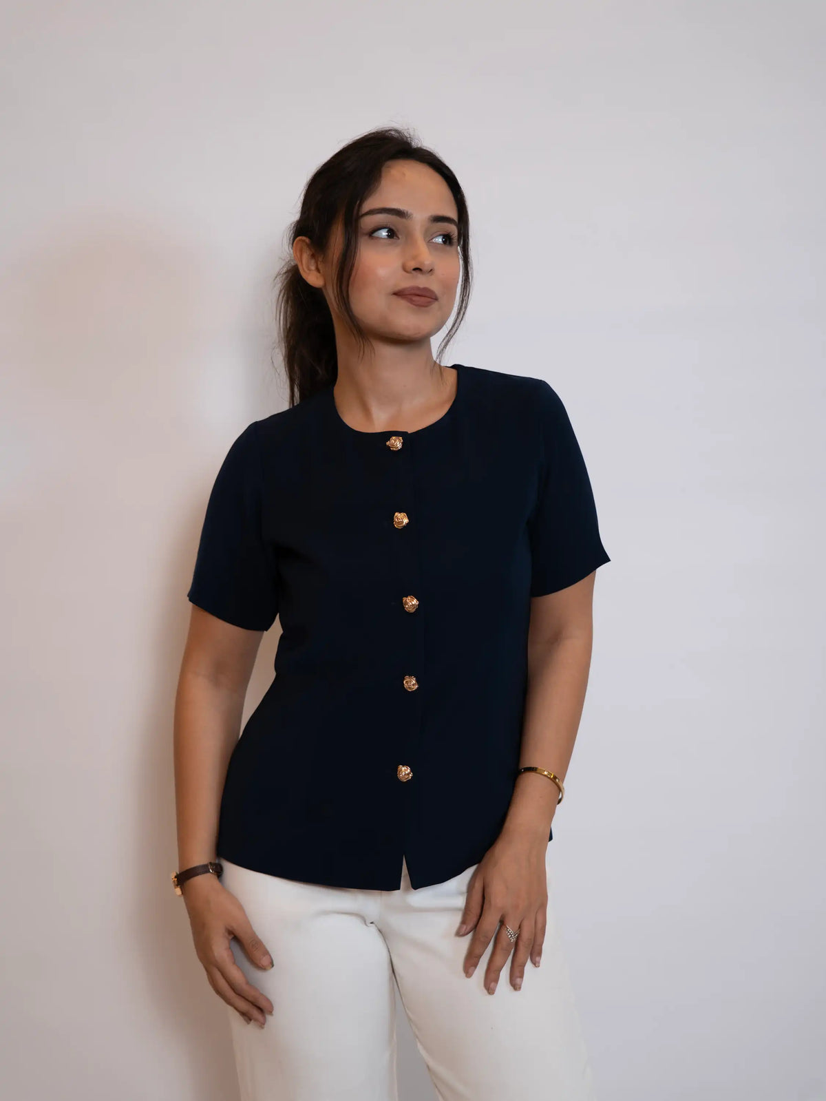 The Tailored Navy Gold-Button Top