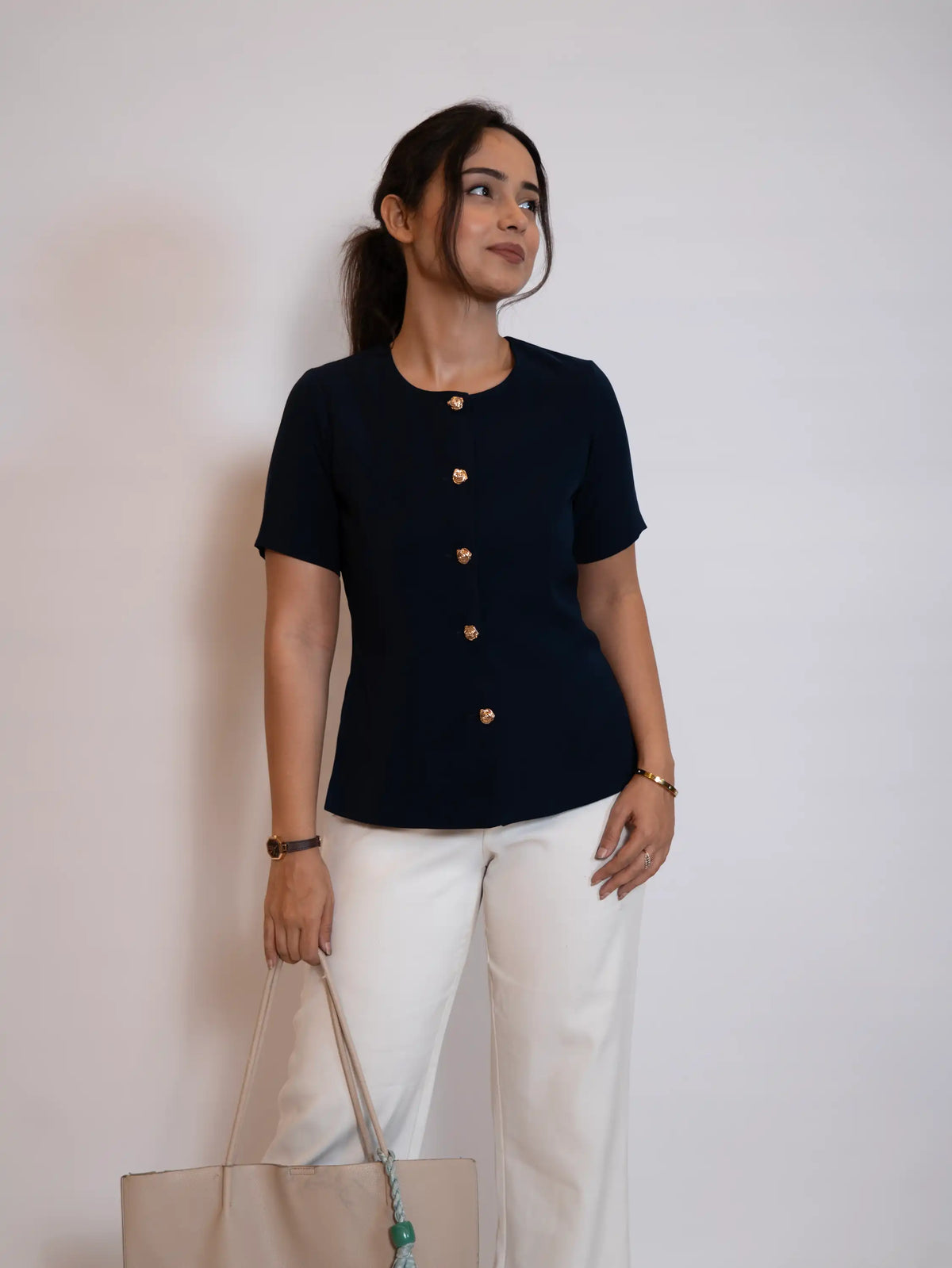 The Tailored Navy Gold-Button Top