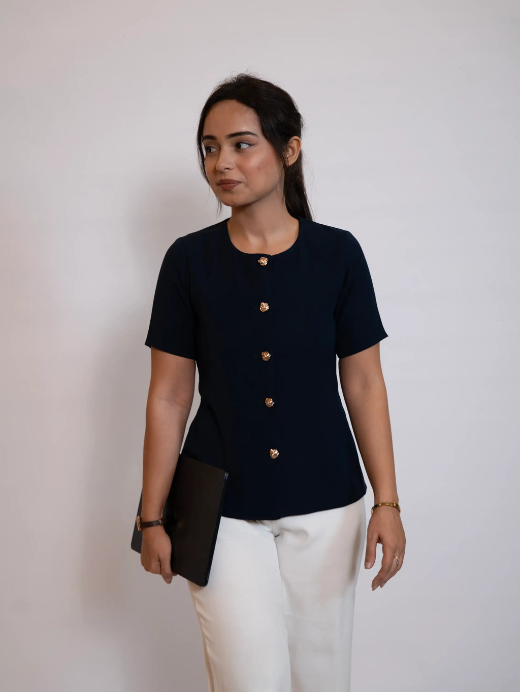The Tailored Navy Gold-Button Top