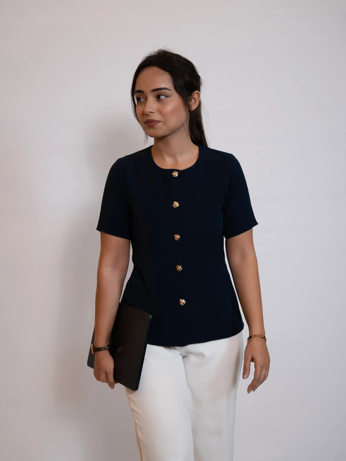 The Tailored Navy Gold-Button Top