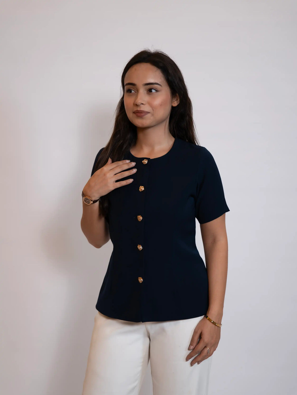 The Tailored Navy Gold-Button Top
