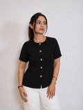 Black Half Sleeves Top with Gold Buttons
