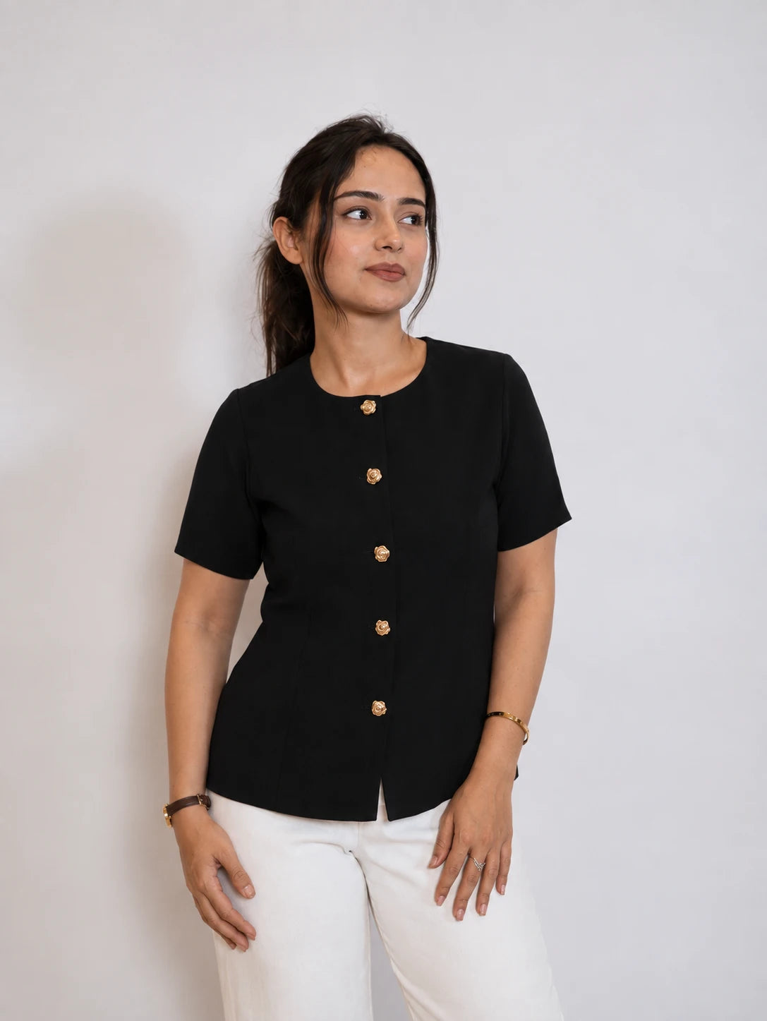 Black Half Sleeves Top with Gold Buttons
